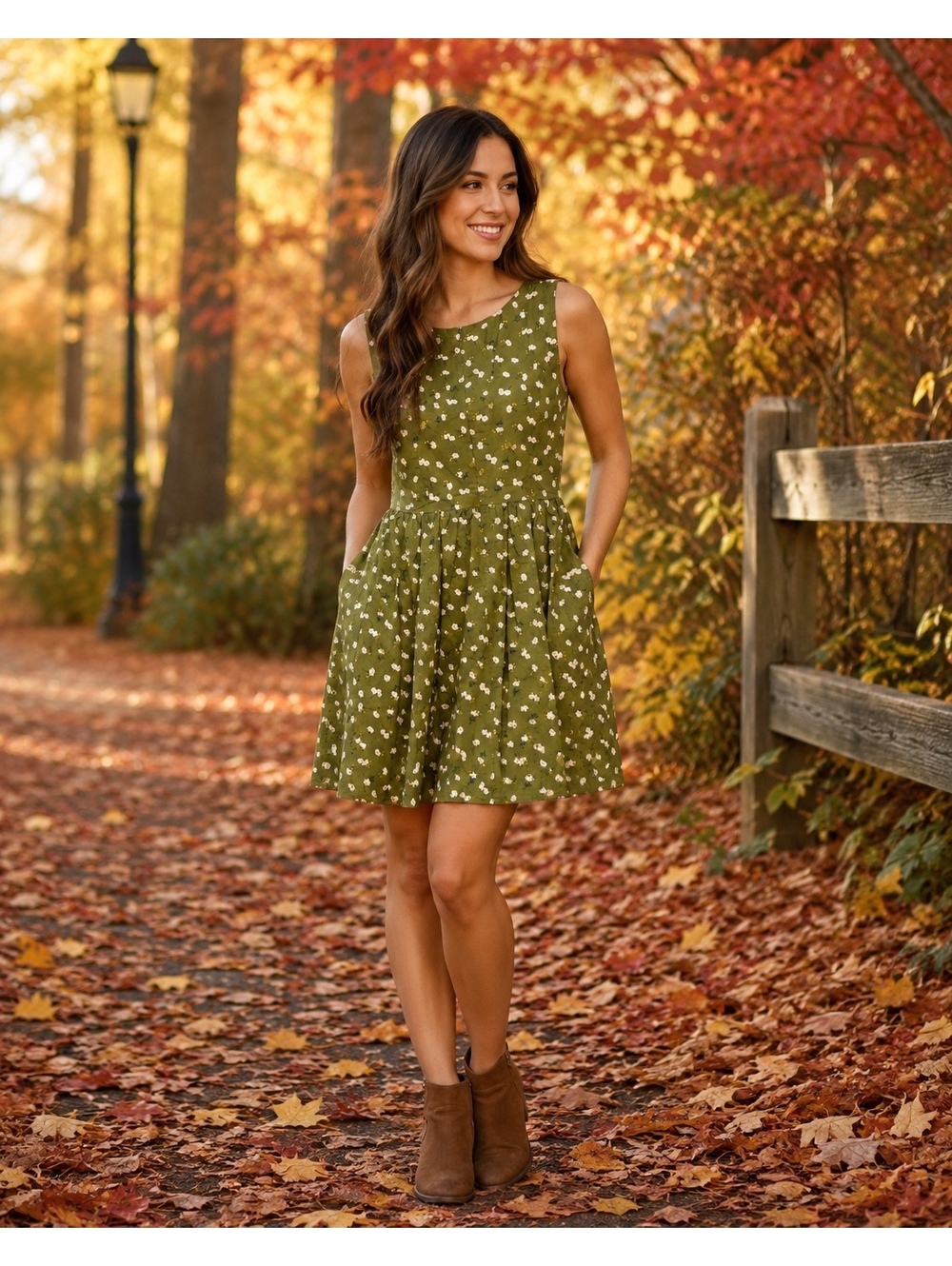 Tulip Olive Green Floral Sleeveless Dress with Pockets Size S